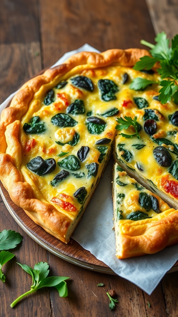 A slice of spinach and cheese quiche on a wooden table, garnished with herbs, with a salad on the side.